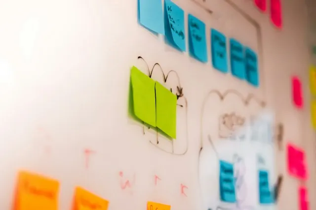 Sticky notes mapping out a business workflow on a whiteboard